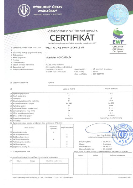 Certifikát Zváračský