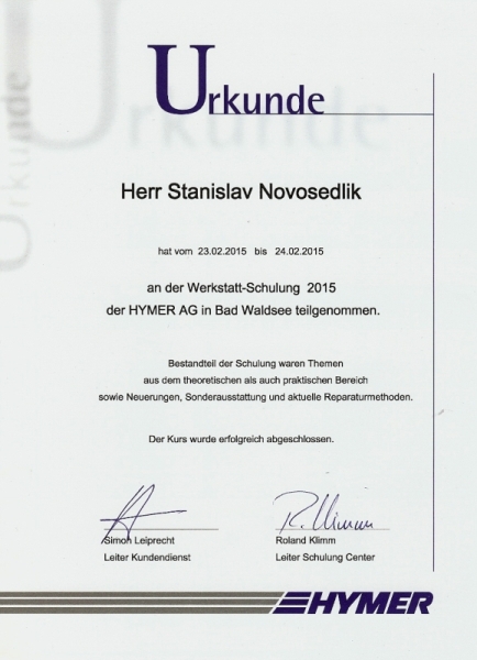 Certifikát Hymer