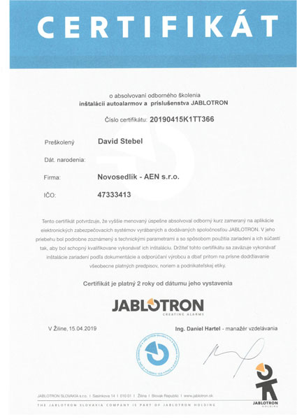 Certifikát Jablotron